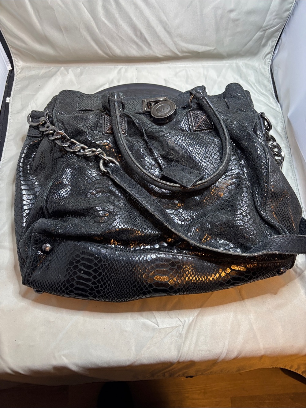 Michael Kors Black Faux Snakeskin Chain-Handle Tote Bag